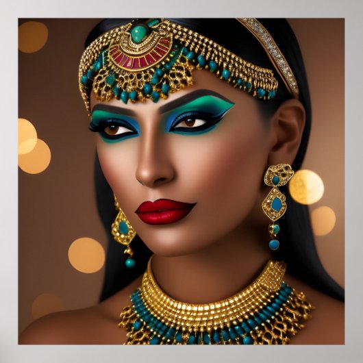 エキゾチックなエジプト金ゴールドグリーンブルー宝石の女性 ポスター (正面)