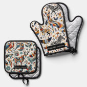 エキゾチックなキッチン:アフリカの動物のパターン 鍋つかみ&鍋敷きセット (正面/裏面)