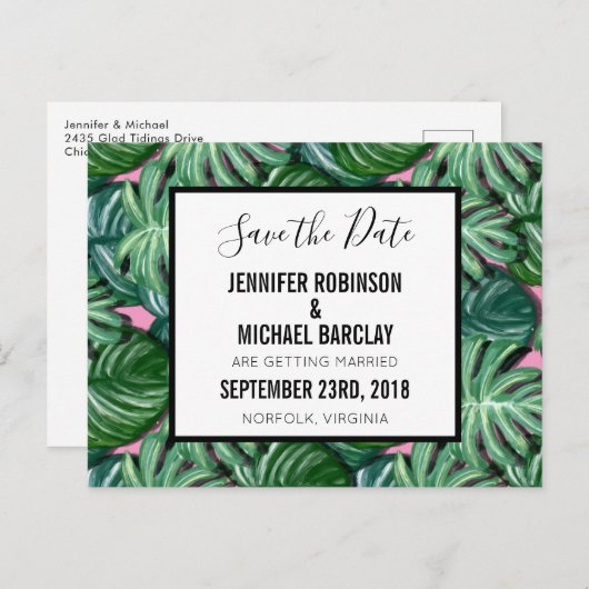 エキゾチックなグリーンのトロピカルリーフパターン　Save the Date 案内ポストカード (正面/裏面)