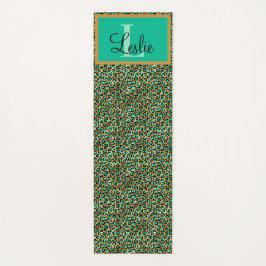 エキゾチックなグリーン金ゴールドブラックヒョウモノグラムのプリント ヨガマット