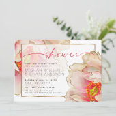 エキゾチックなサンゴバラ牡丹カップルのシャワー 招待状 (スタンド正面)