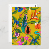 エキゾチックなジャングルの鳥と野草のイラストレーション ポストカード (正面/裏面)