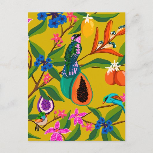 エキゾチックなジャングルの鳥と野草のイラストレーション ポストカード (正面)