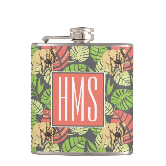 エキゾチックなジャングル葉および象|のモノグラム フラスク (正面)