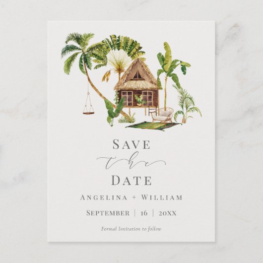エキゾチックなトロピカルジャングルの結婚式の日付を保存 ポストカード (正面)