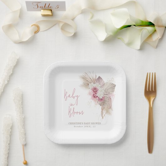 エキゾチックなトロピカルボホピンクローズベビーシャワー ペーパープレート (ウェディング)