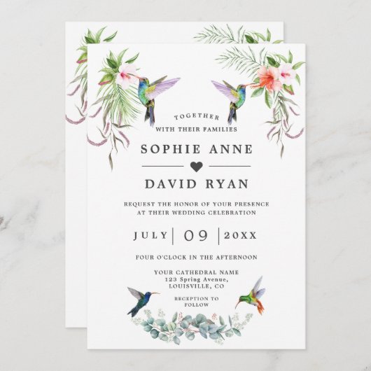 エキゾチックなハミングバ結婚ーズのユーカリ 招待状 (正面/裏面)