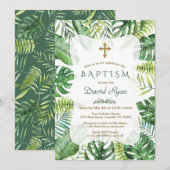 エキゾチックなハワイアン トロピカル グリーンフレーム 洗礼 招待状 (正面/裏面)