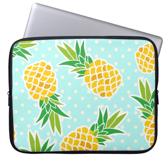 エキゾチックなパイナップル：青いポルカドットおもしろい。 ラップトップスリーブ (正面)