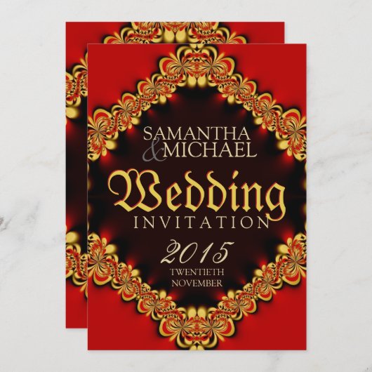 エキゾチックなパッションレッド金ゴールド結婚式招待状 招待状 (正面/裏面)