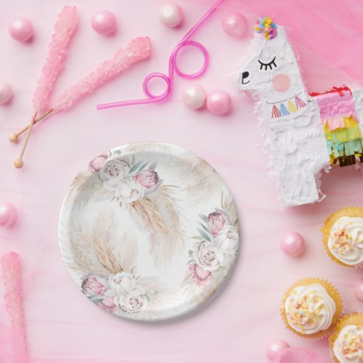 エキゾチックなパンパスグラスとキングプロテアの花 あらゆるパーティー ペーパープレート (パーティー)