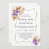 エキゾチックなパンパスグラスパープルオーキズ結婚金ゴールド 招待状 (正面/裏面)