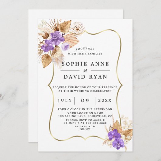 エキゾチックなパンパスグラスパープルオーキズ結婚金ゴールド 招待状 (正面/裏面)
