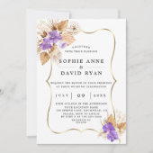 エキゾチックなパンパスグラス 紫のラン ゴールドの結婚式 招待状 (正面)