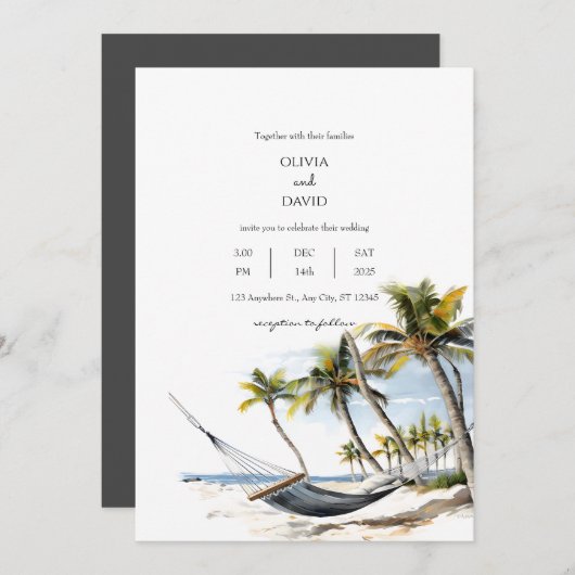 エキゾチックなパームツリーズハンモックくつろぎビーチ結婚式 招待状 (正面/裏面)