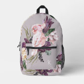 エキゾチックなピンクのオウム熱帯フローラとモノグラム プリントバックパック (正面)