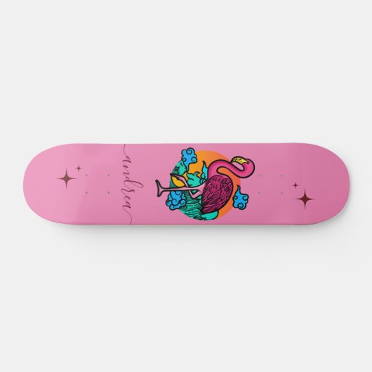 エキゾチックなピンクのフラミンゴ夏のスパークル名トロピカル スケートボード (横)
