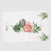 エキゾチックなピンクのフラミンゴ熱帯水の色と名前 ゴルフタオル (横)