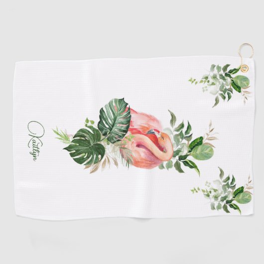 エキゾチックなピンクのフラミンゴ熱帯水の色と名前 ゴルフタオル (横)