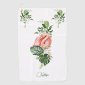 エキゾチックなピンクのフラミンゴ熱帯水の色と名前 ゴルフタオル (正面)