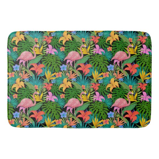 エキゾチックなピンクのフラミンゴ熱帯花の葉 バスマット (正面)