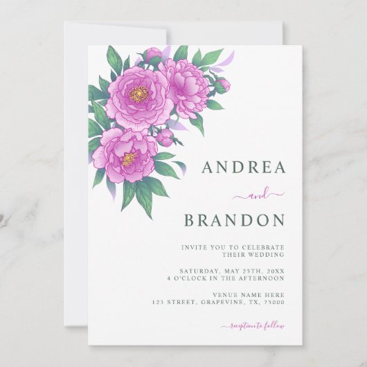 エキゾチックなピンクの牡丹のセージ結婚グリーンの全てが一つ 招待状 (正面)