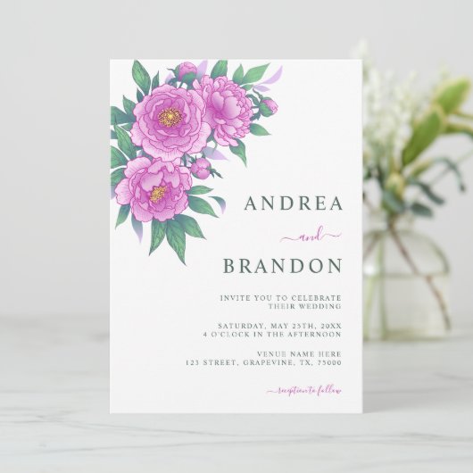 エキゾチックなピンクの牡丹のセージ結婚グリーンの全てが一つ 招待状 (スタンド正面)