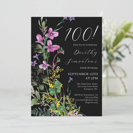 エキゾチックなピンクの黄色の野生の花100誕生日 招待状 (スタンド正面)