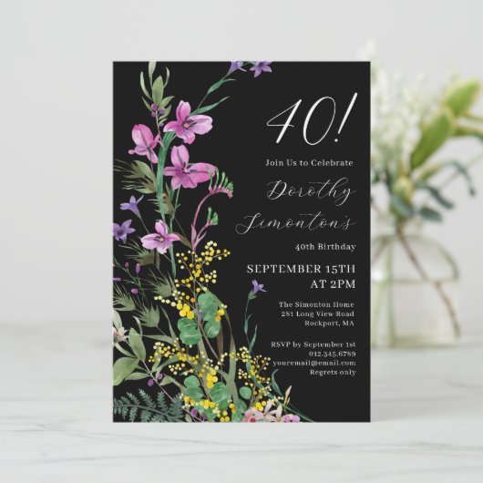 エキゾチックなピンクの黄色の野生の花40th誕生日 招待状 (スタンド正面)
