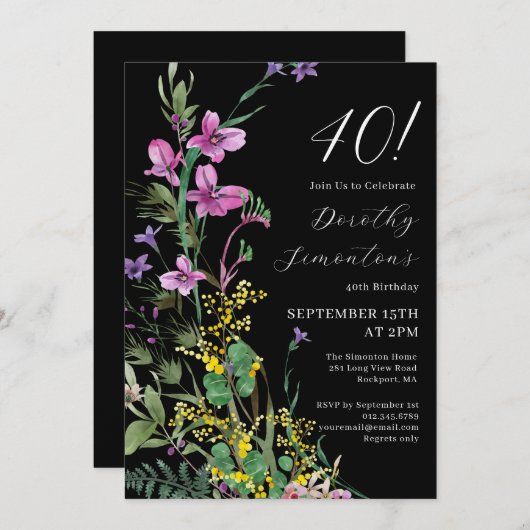 エキゾチックなピンクの黄色の野生の花40th誕生日 招待状 (正面/裏面)