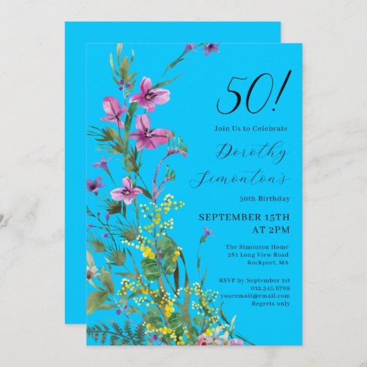 エキゾチックなピンクの黄色の野生の花50誕生日 招待状 (正面/裏面)