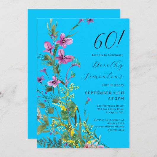 エキゾチックなピンクの黄色の野生の花60誕生日 招待状 (正面/裏面)