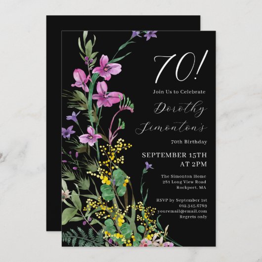 エキゾチックなピンクの黄色の野生の花70誕生日 招待状 (正面/裏面)