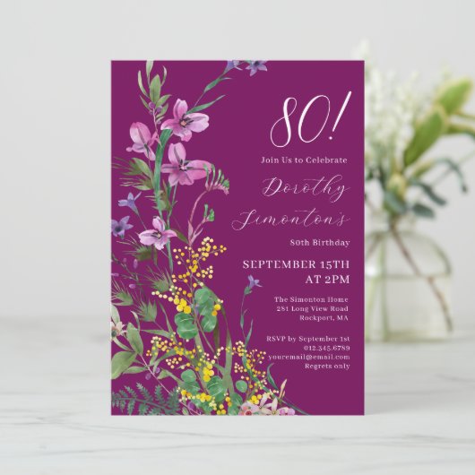 エキゾチックなピンクの黄色の野生の花80誕生日 招待状 (スタンド正面)