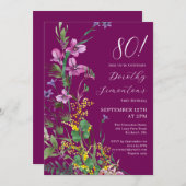 エキゾチックなピンクの黄色の野生の花80誕生日 招待状 (正面/裏面)