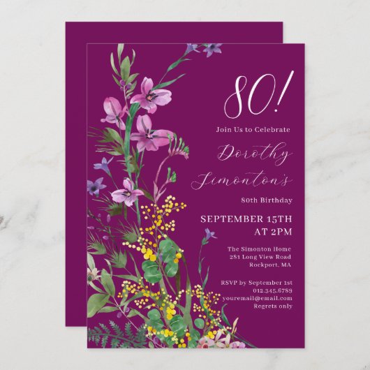 エキゾチックなピンクの黄色の野生の花80誕生日 招待状 (正面/裏面)