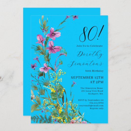 エキゾチックなピンクの黄色の野生の花80誕生日 招待状 (正面/裏面)