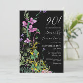 エキゾチックなピンクの黄色の野生の花90誕生日 招待状 (スタンド正面)