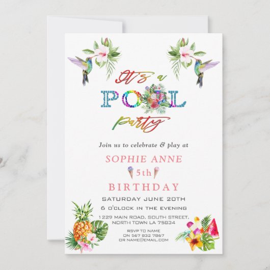 エキゾチックなピンクハイビスカスハミングバード5誕生日 招待状 (正面)