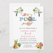 エキゾチックなピンクハイビスカスハミングバード5誕生日 招待状 (正面/裏面)