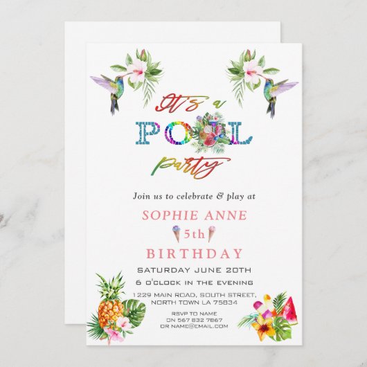 エキゾチックなピンクハイビスカスハミングバード5誕生日 招待状 (正面/裏面)