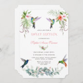 エキゾチックなピンクハイビスカスハミングバードSweet sixteen 招待状 (正面/裏面)