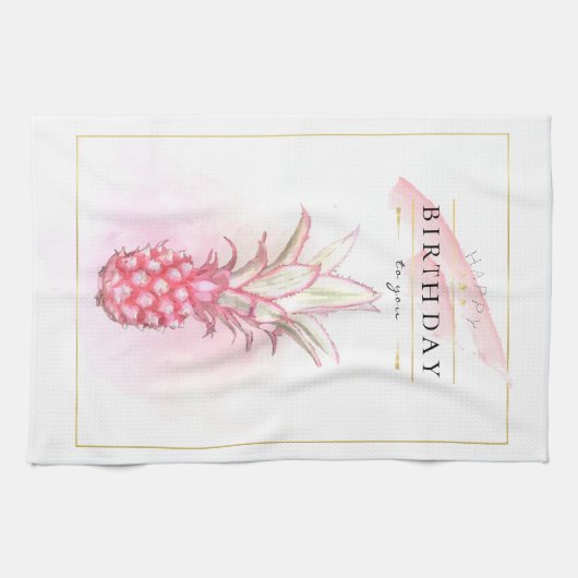 エキゾチックなピンクパイナップルウォーター誕生日アート キッチンタオル (横)