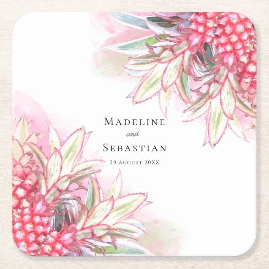 エキゾチックなピンクパイナップル結婚赤面 スクエアペーパーコースター (正面)
