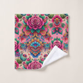 エキゾチックなピンクローゼスデザイン バスタオルセット (ウォッシュタオル)