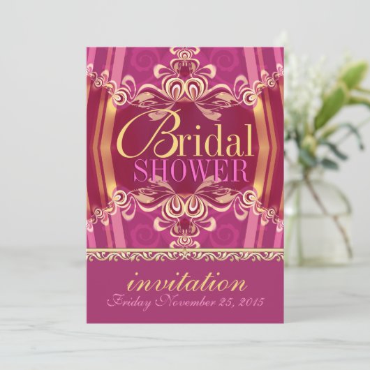 エキゾチックなピンク金ゴールドフリルブライダルシャワーパーティー 招待状 (スタンド正面)
