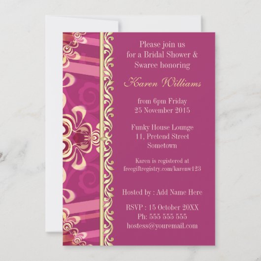 エキゾチックなピンク金ゴールドフリルブライダルシャワーパーティー 招待状 (裏面)