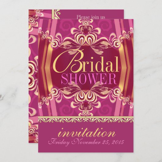 エキゾチックなピンク金ゴールドフリルブライダルシャワーパーティー 招待状 (正面/裏面)