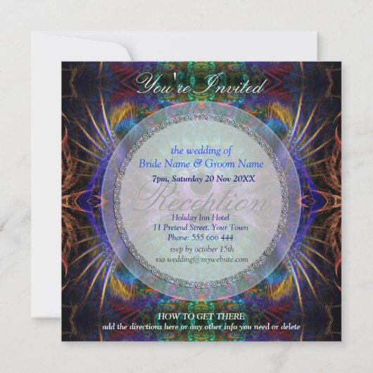 エキゾチックなフラクタルフェザー結婚式の受信招待状 招待状 (裏面)