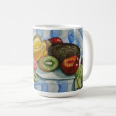 エキゾチックなフルーツスチルライフアートブルー白いテーブルクロス コーヒーマグカップ (正面右)